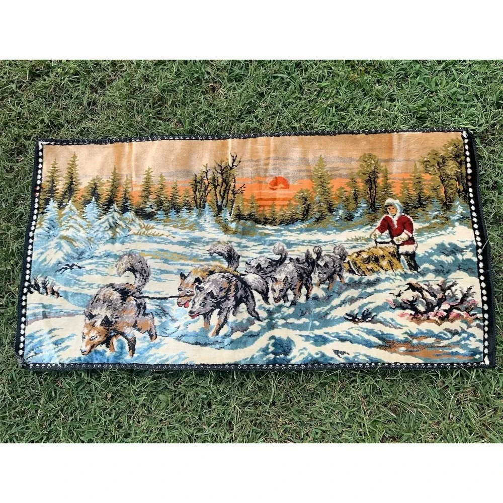 Vintage 60s Velvet‎ Wall Tapestry Alaskan Iditarod Dog Sledding Snowy Sunrise